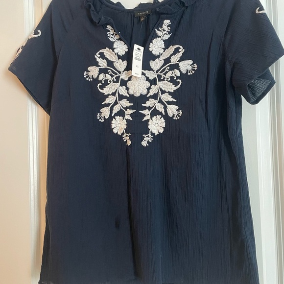 Talbots Navy Top Embroidered Gauze Ruffle Neck NWT Size XS - Picture 3 of 6